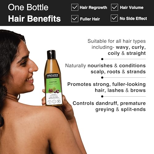 Image of Soulflower Organic Castor Oil for Hair Growth & Hair Fall Control | Cold-Pressed for Skin, Scalp, Beard, Lashes | Natural Moisturizer, Anti-Dandruff | 100% Pure, Ecocert Organic Certified | 225ml x 2