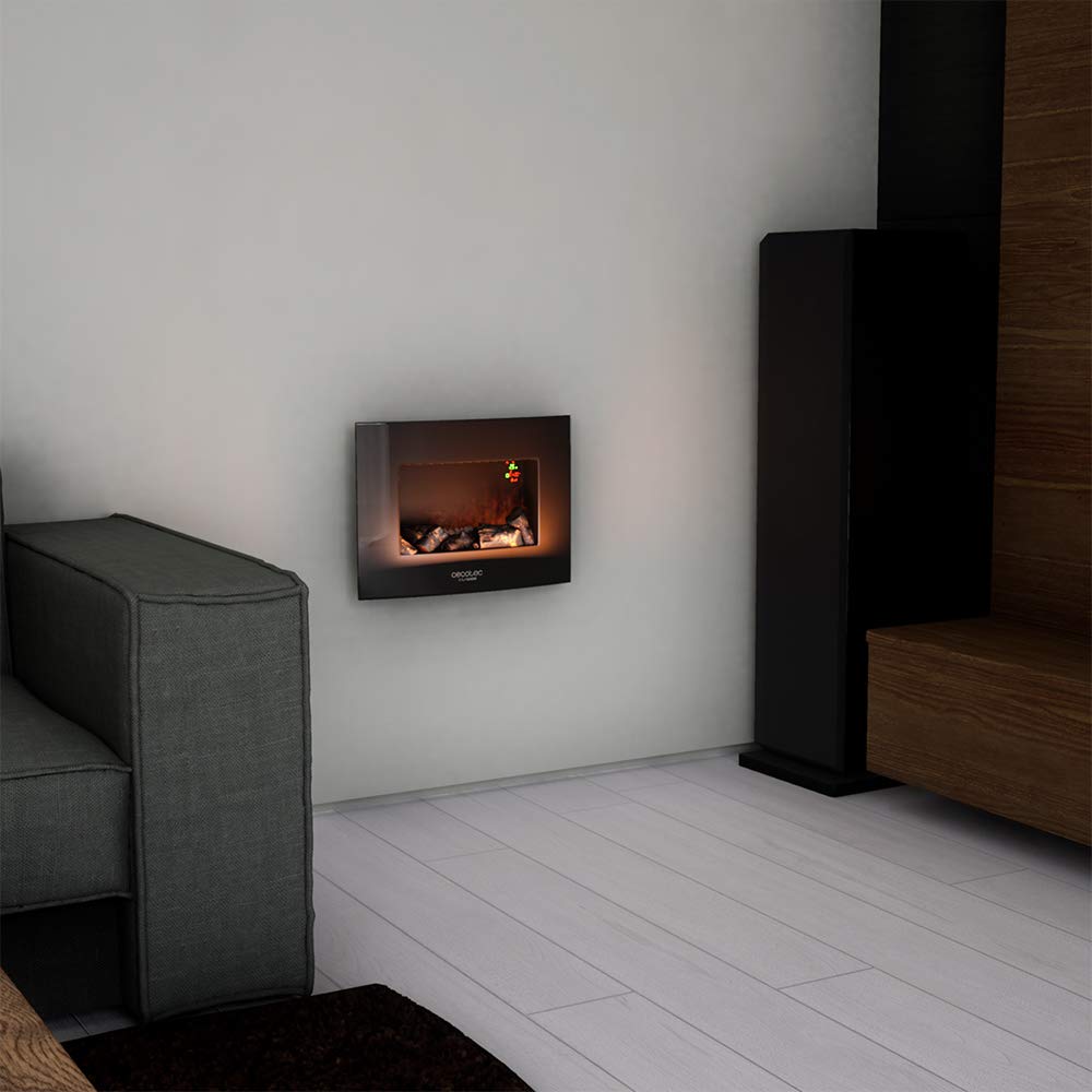 Cecotec Chimenea Eléctrica Decorativa 22” con Mando a Distancia Ready Warm 2210 Curved Flames. Máxima Potencia 2000W, 2 Intensidades, Panel Curvo de Cristal Templado, Llama Ajustable, Temporizador