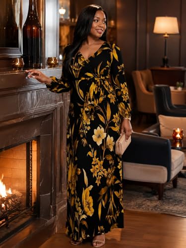 Image of PinkPatty Plus Size Dresses for Curvy Women V Neck Flowy Long Sleeves Wrap Maxi Dress Travel Vacation Outfits