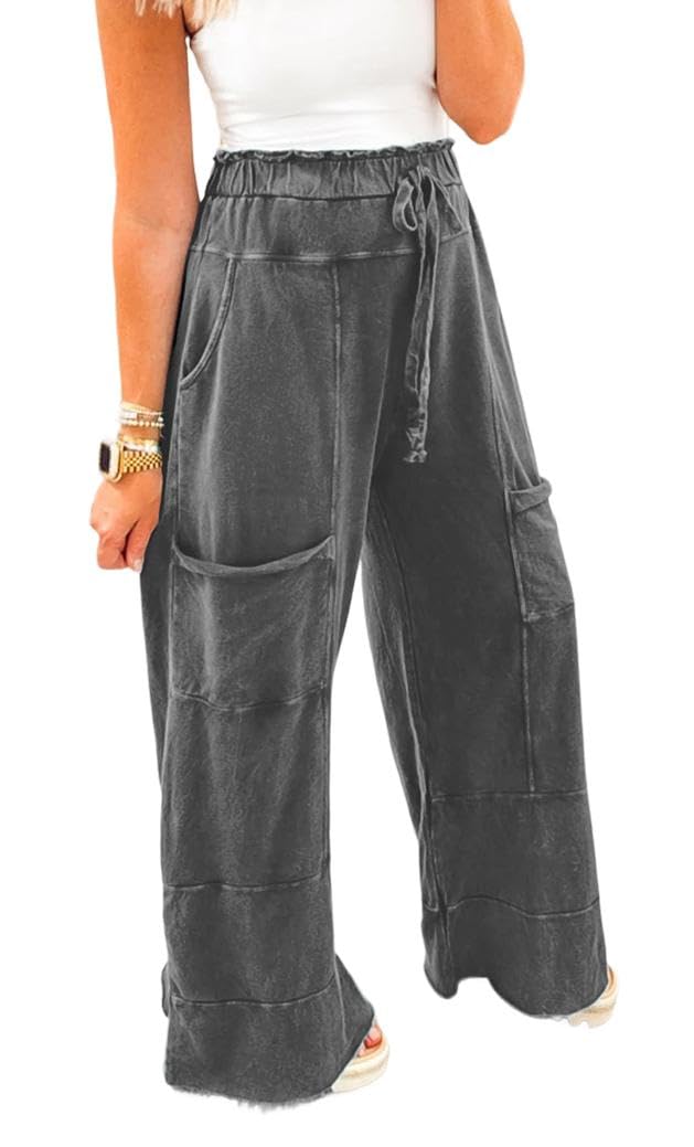 Apvirdy Mineral Wash Pants for Women Lace up Wide Leg High Waist Raw Hem Pants with Patched Pocket