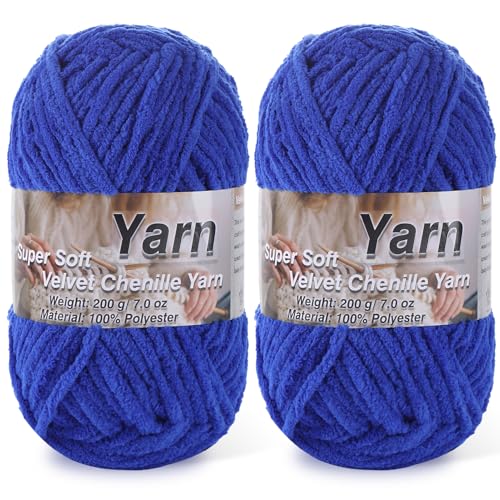 Image of 2 * 200g /7oz Chunky Chenille Yarn for Baby Blanket Yarn for Crocheting - Super Soft Chenille Plush Yarn - Bulk Thick Yarns Used for Making Scarves, Blankets, DIY Craft (Sapphire Blue)