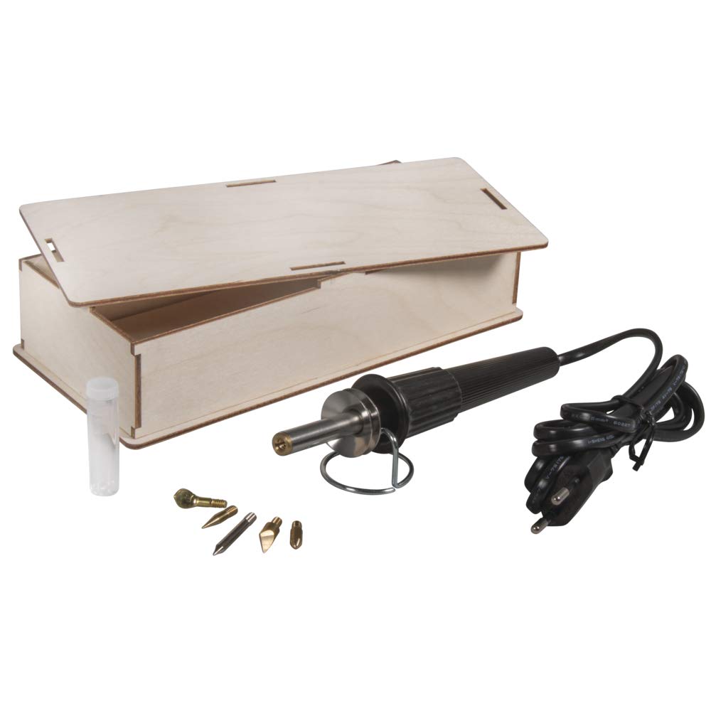 Rayher 89366000 Pirograbador de madera, cuero y corcho, Incluye estuche de madera, 5 puntas, soporte y pieza para practicar