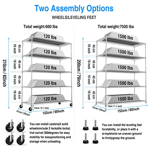 Metal Shelf Wire Shelving Unit, 5 Tier 7500lbs Capacity NSF Heavy Duty Adjustable Storage Rack with Wheels & Shelf Liners for Commercial Grade Utility Steel Storage Rack,82\"H x 60\"L x 24\"D-Chrome