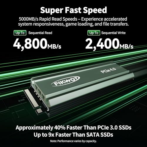 Image of Fikwot FN960 512GB M.2 NVMe SSD PCIe Gen4 x4 2280 Internal Solid State Drive with Heatsink, Up to 4,800MB /s, Dynamic SLC Cache, Compatible with PS5 Internal SSD