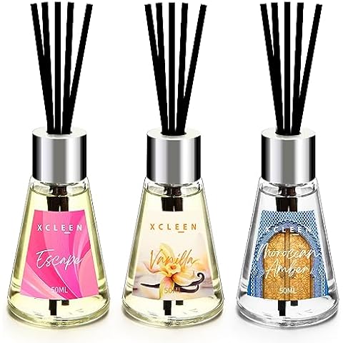Xcleen 3 Pack Reed Diffuser, Scented Oil Diffuser with 15 Sticks, Escape/Vanilla/Moroccan Amber, Air Freshener for Bathroom & Office, Holiday Home Fragrance, Gift idea, Each 1.7Fl Oz, Total 5.1Oz Cover