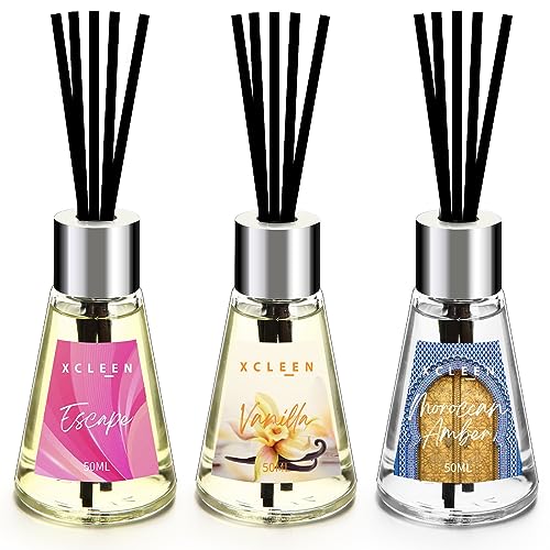 3 Pack Reed Diffuser, Scented Oil Diffuser with 15 Sticks, Escape/Vanilla/Moroccan Amber, Air Freshener for Bathroom & Office, Holiday Home Fragrance, Gift idea, Each 1.7Fl Oz, Total 5.1Oz