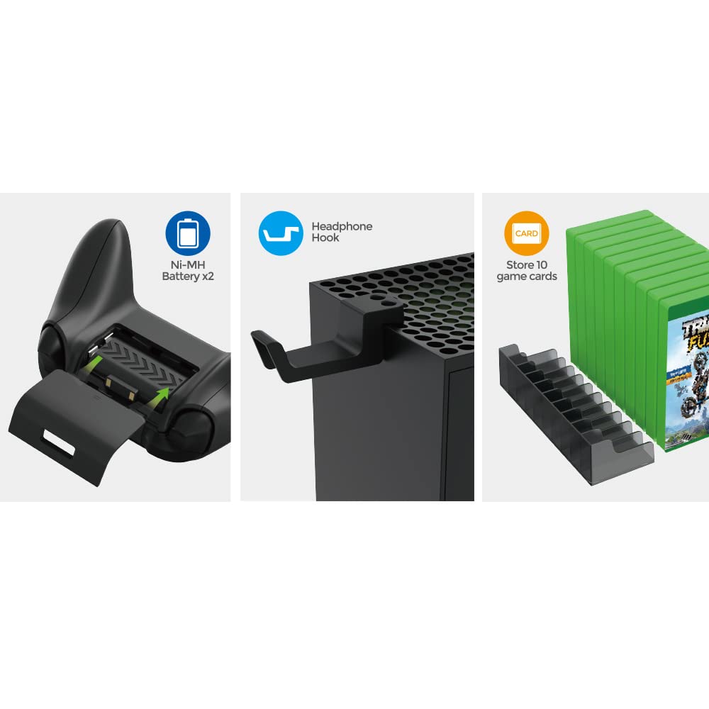 Soporte vertical compatible con consola Xbox Series X, estación de carga dual con 2 baterías recargables para controlador Xbox Series X, con 10 ranuras para tarjetas de juego y soporte para