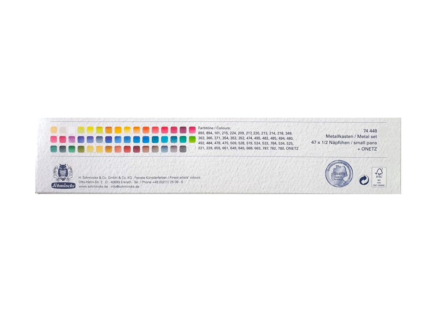Schmincke Horadam Lot de 48 demi-godets aquarelles dans une boîte en aluminium Sélection générale + 2 cartes postales aquarelles Fabriqué en Allemagne