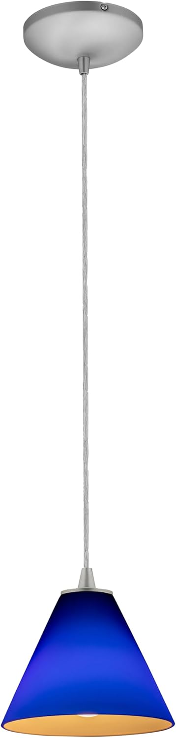 Martini Glass Pendant - Cord - Brushed Steel Finish - Cobalt Glass Shade