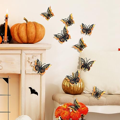 3D Butterfly Wall Decor, 12PCS Butterfly Wall Decals Halloween Fall Decorations 3D Double-Layer Butterflies Maple Leaf Wall Stickers for Home Room Bedroom Wall Window Clings Decor Festival Party