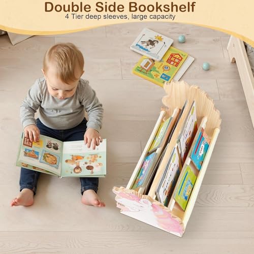 Image of Toddler Bookshelf Double-Sided with 4 Tier Deep Sleeves Kids Wooden Montessori Book Rack for Baby Nursery Room, Playroom, Classroom or Bedroom Bookcase Storage Organizer, Pink Unicorn