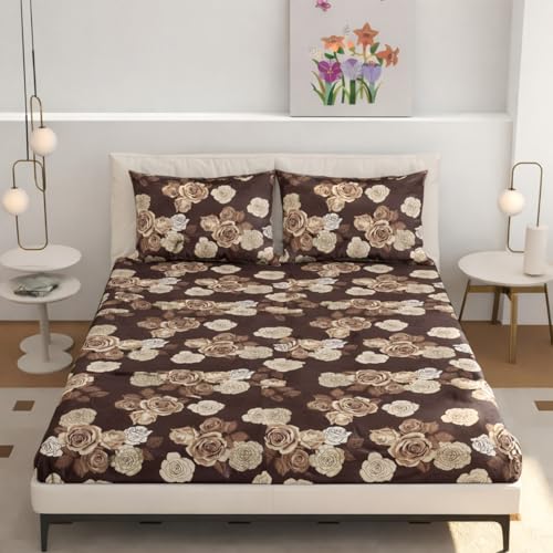 Image of Elastic Fitted King Size Bedsheet Cotton for Double Bed | 72 inchx78 inch +10 Inch, Floral, Soft & Breathable, Fade & Shrink Resistant, 2 Pillow Covers | Cocoa Rose Charm, Chocolate Brown