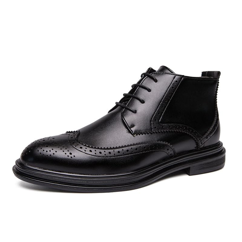 Men's Genuine Leather Wingtip Brogue Ankle Boots with Side Zip,Comfortable Non-Slip Sole Dress Oxford Business Casual Boots with lace up Retro High-Top Work Boots for Office Formal Wear