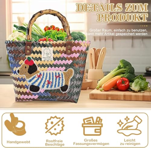 Einkaufskorb Geflochten aus Kunststoff, Korbtasche Handtasche, Strandtasche Stroh Groß, Geflochten Handtasche Damen für Picknick, Shopping, Urlaub (Dackel)