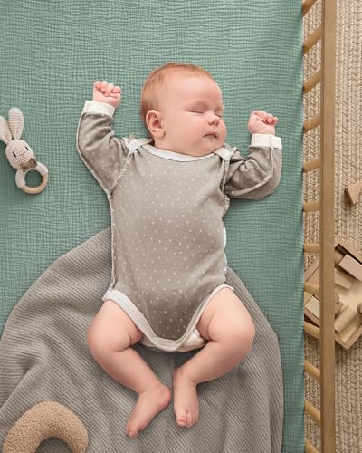 Image of Blissful Diary Muslin Crib Sheets for Girl Boy, Boho Neutral Soft Cotton Baby Sheet for 52''x28'' Standard Crib Mattress, 2 Pack(Sage Checkboard & Sage Green)