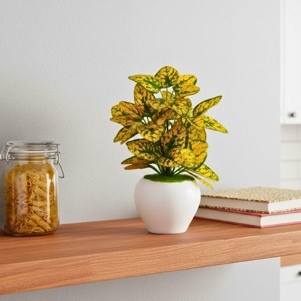 Image of fancymart Artificial Plant Leaves in Apple Pot (30 cm Height) | Small Potted Plant for Office Desk | Home Decor for Living Room | Cafe & Restaurant Table Decoration