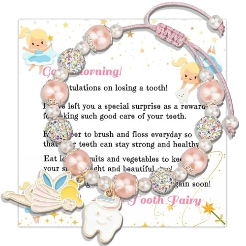 Tooth Fairy Gift Pink Pearl Bracelets for Girls Teenage Girl Gifts Kids Bracelet with Gift Card Christmas Presents Cute Bracelet for Birthday Christmas