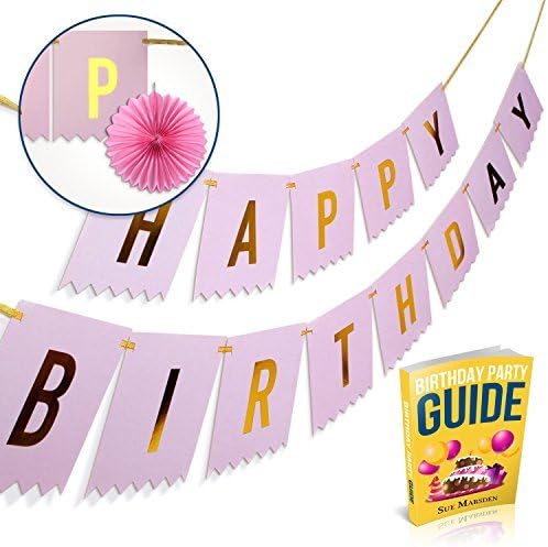 Happy Birthday Banner W/2 Paper Fans & Ebook, Wish Her A Happy Bday W/ Pink & Gold Birthday Party Supplies, Signs & Decorations , Gifts for Girls, Mom, Women, Frozen Birthdays Ideas & Favors