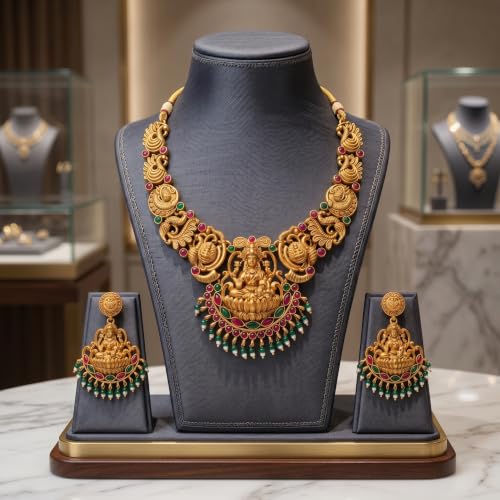 Image of Gold-Plated Antique Temple Jewellery Set for Women - Traditional Necklace with Large Peacock Pendant & Matching Jhumka Earrings | Ethnic Festive & Bridal Wear Set with Ruby & Emerald Accents