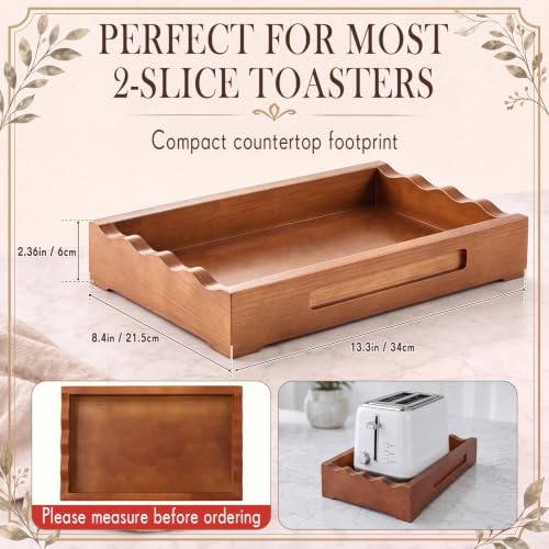 Image of SiliFine Toaster Tray for Under 2-slice Toaster with Handles Scalloped | Premium Pine Wood Design: Adds a Warm Walnut Finish While Catching Toaster Crumbs and Keeping Countertops Clean.