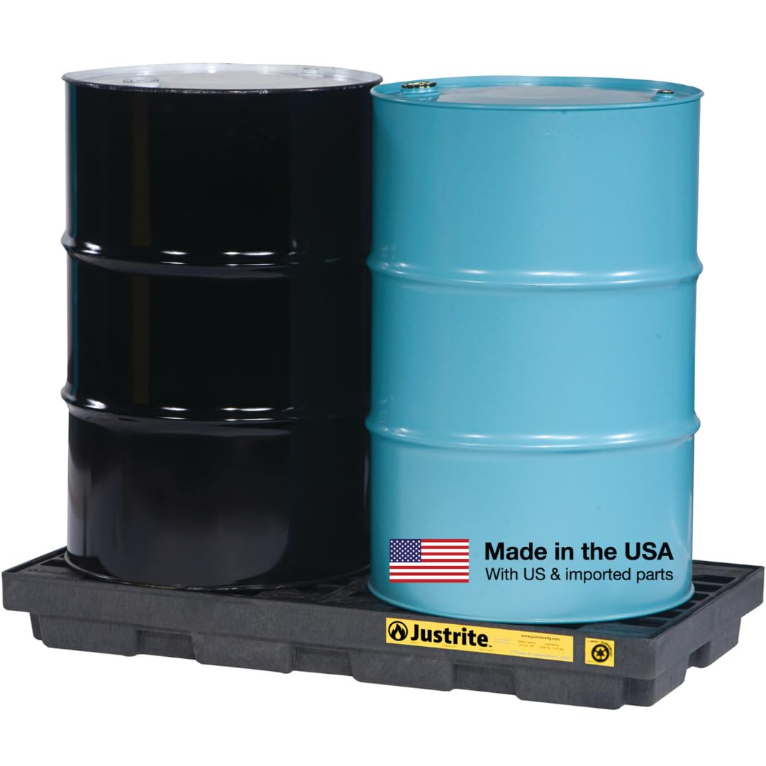 Justrite Low Profile 2 Drum Spill Containment Pallet Accumulation Center - 5.5" Tall - 24 Gal Capacity for 55 Gallon Drum Containment - Made in the USA from 100% Recycled Polyethylene - Black - 28655
