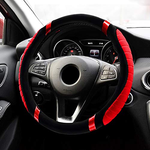 FLKAYJM Universal Auto Plüsch Lenkradhülle Lenkrad Abdeckung Lenkradbezug 38CM / 15'' Anti Rutsch Warm Künstliche Wolle Lenkradabdeckung Lenkradschoner Winter-Schutz Zubehör für Damen & Mädchen,Rot