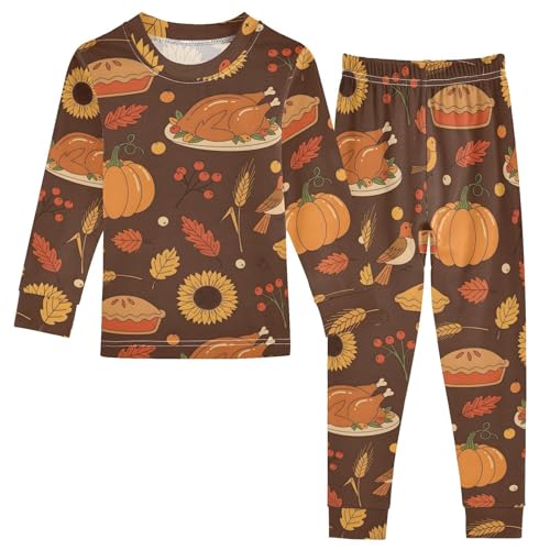 Pajama Sets Long Sleeve Autumn Turkey Food Pumpkin Pattern Soft Comfy Sleepwear 2 Piece PJS 3-8T