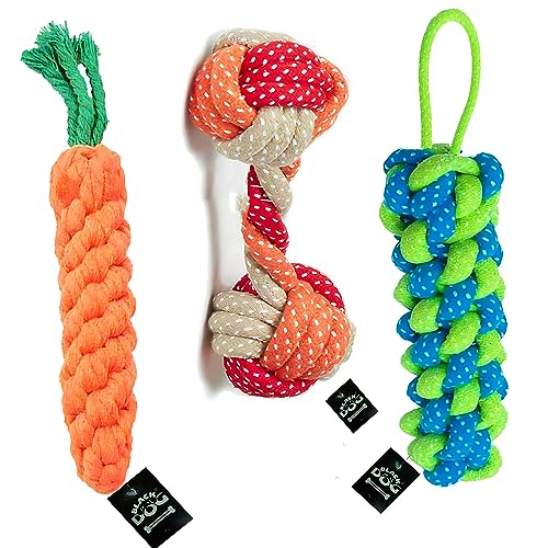 BLACKDOG Rope Toys for Dogs, Puppy Chew Teething Rope Toys Set of 3 Durable Cotton Dog Toys for Playing and Teeth Cleaning Training Toy 3 in1 Pack of 3 Toys (Color May Vary)