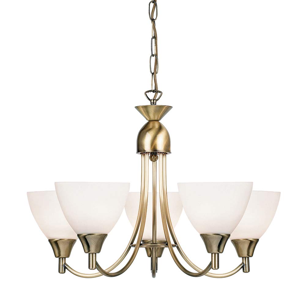National Lighting Andy Decorative 5 Way Antique Brass Branch Arm Pendant Ceiling Light with Matt Opal Glass Shades