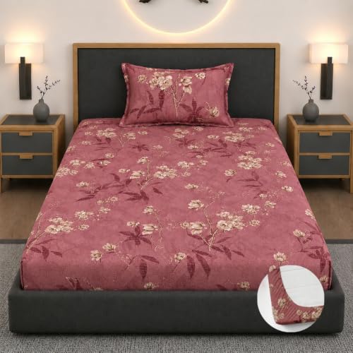 Image of Premium Heavy Cotton Elastic Fitted Bedsheets with 1 King Size Pillow Covers || Single Bed with All Around Elastic 350 TC || 36 x 78 x 6 Inch Single Size Fitted || :- Maroon Flower