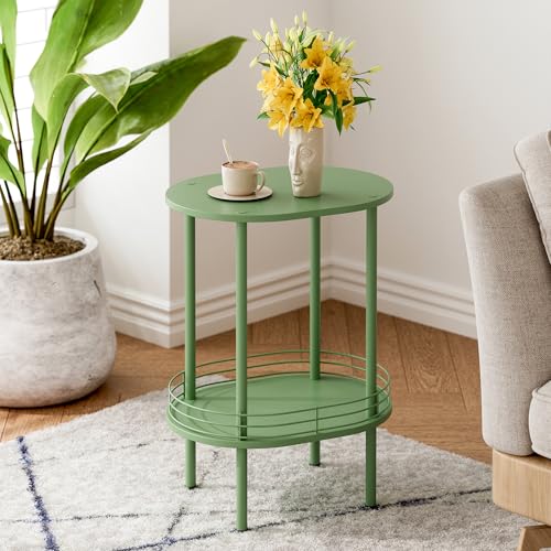 Image of Small Modern Oval Side Table with Storage,2-Tier Side Tables Living Room,Sturdy Nightstand for Small Space - Living Room, Bedroom, Bathroom, Nursery (1PC,Green)