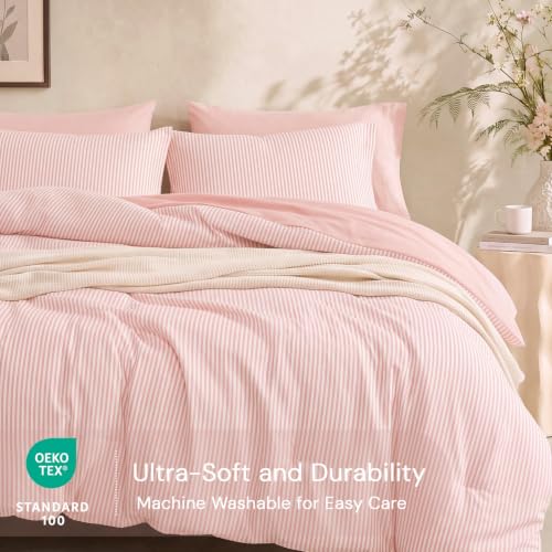 Image of Monbix Full Size Comforter Sets-7 Pieces Soft Bed in a Bag Full Bedding Set | Hot Pink Vertical Ticking Stripe Lightweight All Season Comforter Set with Sheets, Pillowcases & Shams