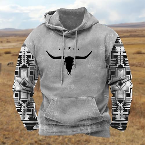 PORCLAY Mens Aztec Hoodie Western Cowboy Hooded Sweatshirts for Men Casual Country Vintage Bull Ethnic Graphic Long Sleeve Pullover Shirts Spring with Pocket Grey XXL2