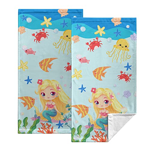 Lealeg Cartoon Mermaid Kitchen Towel, Cute Mermaid Bath Towels, Starfish Seashells Dish Towels, Summer Sea Hand Towel Set Portable Durable For Bathroom Decorations Thin Kitchen Tea Bar Gym Coffee Gift #TOP5
