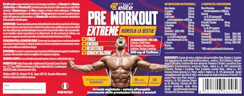 Italian Elite® Pre Workout Extreme, Stimola Forza, Energia, Resistenza, Pump Muscolare E Focus Mentale Per L'allenamento. 120 Cpr Con Beta Alanina Arginina Caffeina Glutammina Carnitina Vitamine - 8