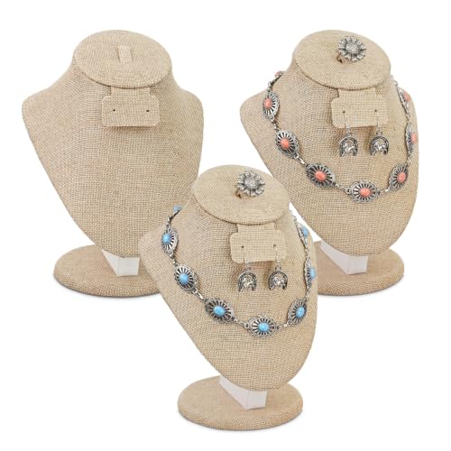 MOOCA 3pcs 3-in-1 Natural Linen Jewelry Display Stand, Adjustable Hook