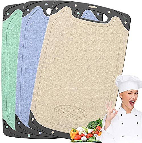 BOCHION Schneidbrett 3er Set, Kunststoff Küche Schneidbretter BPA frei, mit Saftrillen, Spülmaschinenfest, Antibakteriell und rutschfest, 3 Stück (Beige, Grün, Blau) Cover