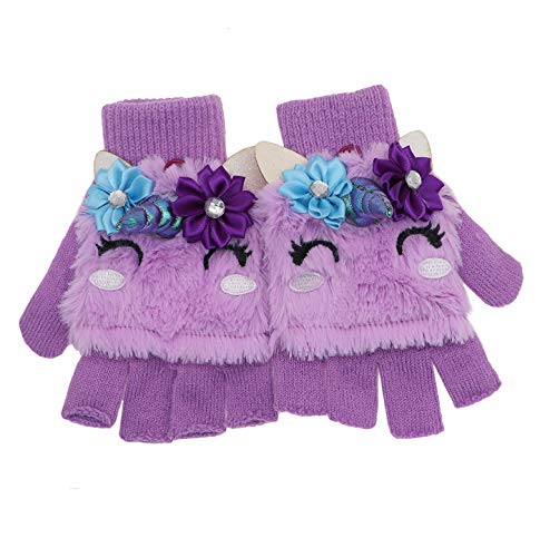 Little Girls Winter Unicorn Beanie Hat and Gloves Set Kids Knitted Earflap Cap Flip Top Mitten Set4