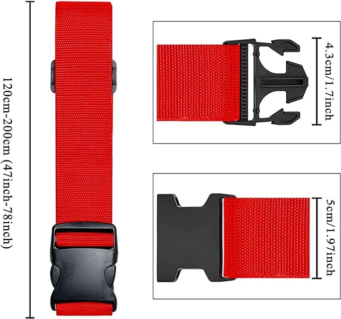 Image of Luggage Straps: Secure Your Belongings, Made Seat Belt Material Size 2 inch X6.5FT Color + 1 ADD A Baggage Belt(1 inchX20 inch Black) (RED, 4 Pack)