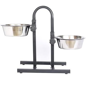 RvPaws Adjustable Stainless Steel Double Diner Food & Water Feeding Bowls Stand for Dogs & Puppies (Set of 2 Bowls with U-Stand), Large