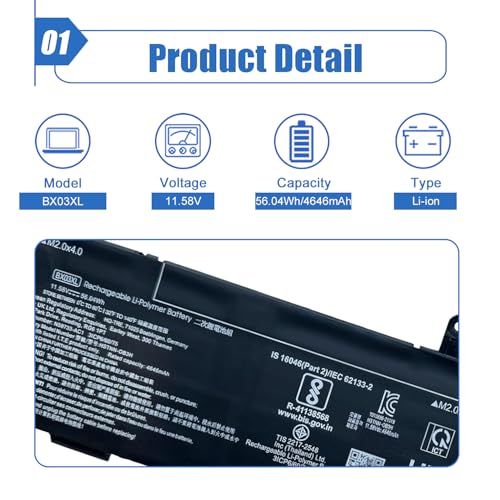 Image of BX03XL Laptop Battery 56.04Wh Replacement for HP EliteBook 830 835 840 845 860 865 G11 ZBook Firefly 14 16 G11 Series BX03056XL HSTNN-OB3H N59733-AC1 HSTNN-AB1D N59733-B71 11.58V 4646mAh