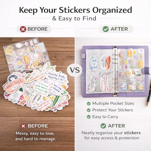 Image of Sticker Binder Organizer with Storage Sleeves,Reusable Stickers Collecting Book Album Holder, A5 Blank Sticker Container Organizer-Purple
