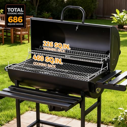MASTER COOK Barrel Charcoal Grill with Foldable Front Shelf, 686 Sq.in. Cooking Area Outdoor bbq Grill,Thermometer and Adjustable Air Vents for Patio, Parties,Backyard, Tailgating, Black