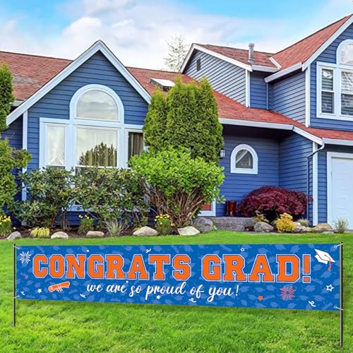 Image of 37Pcs Graduation Banner Balloon Decorations Class of 2026, Congrats Grad Banner Yard Outdoor Decorations, Graduation Balloons Banner Set for High School College Graduation Party Supplies, Blue Orange