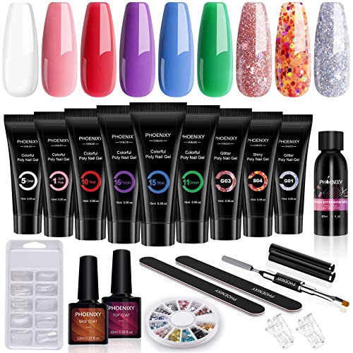 Poly Nail Gel Kit Phoenixy 9 Colors Poly Extension Gel Nail Kit Top Base Coat Nail Enhancement Builder Nail Gel Manicure Starter Kit Gift