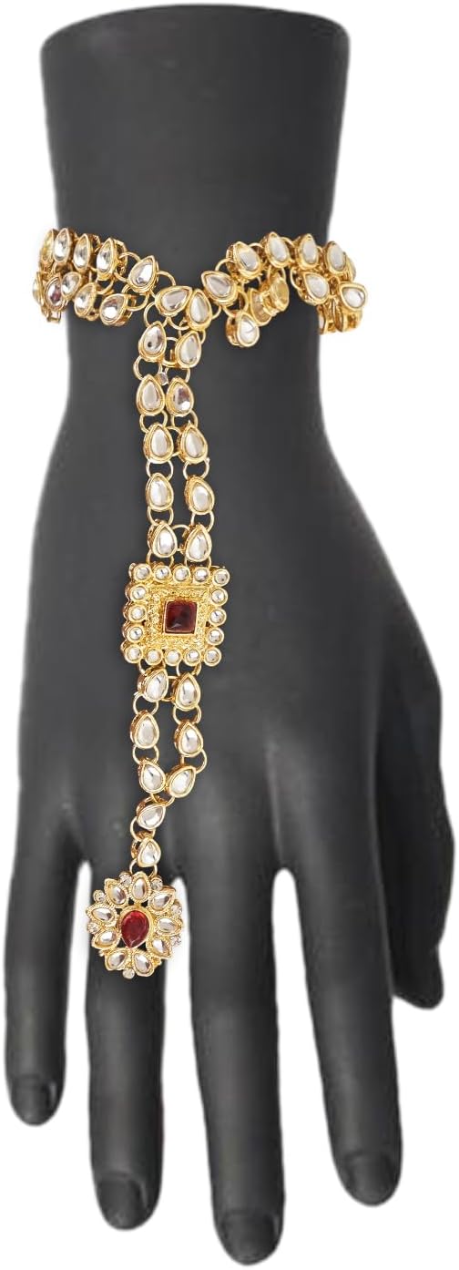 I Jewels Indian Wedding Bollywood Gold Plated Embellish With Kundan & Pearl Adjustable Haath Phool/Panja Bracelet for Women & s - Image 3