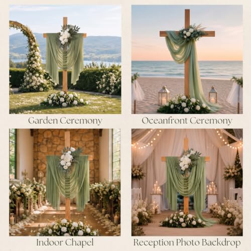 71 Inch Wedding Wooden Cross Stand with Drape Eucalyptus Flower, Sage Green by Memorywuu - Used condition - Image 4