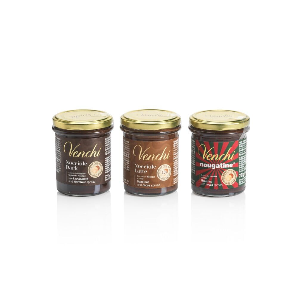Venchi - Kit Degustazione di 3 Creme Spalmabili, Latte e Nocciole, Fondente e Nocciole, Nougatine, 600 gr, con "Nocciola Piemonte IGP", Senza Glutine, Senza Coloranti e Senza Conservanti