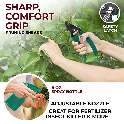 Scuddles Garden Tools Set - 8 Piece Heavy Duty Gardening Kit with Storage Organizer, Ergonomic Hand Digging Weeder Rake Shovel Trowel Sprayer Gloves Gift for Men Or Women