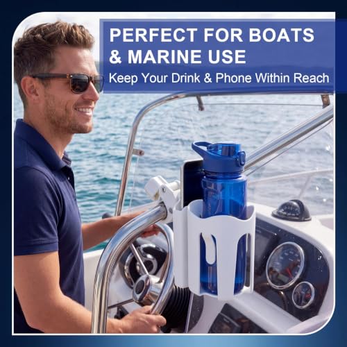 Ferrochef 2 Pcs Boat Phone Holder, 2-in-1 Marine Cup and Cell Phones Mount for Boat, Pontoon, Kayak, Sailboat Handlebar, Universal Drink and Phone Holder, Adjustable Clamp, No Tools Required (White) by Ferrochef - Used condition - Image 4